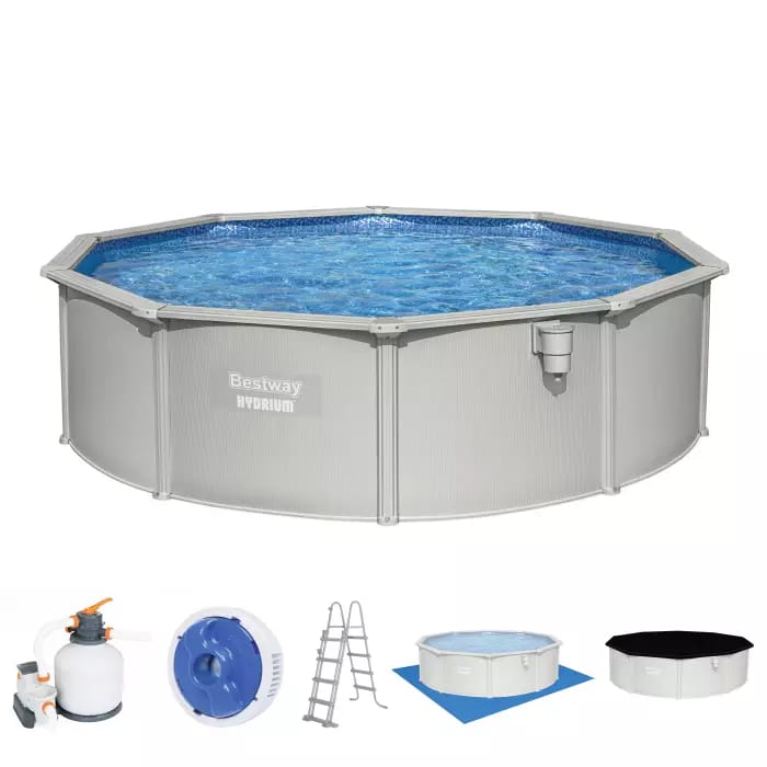 Стальной бассейн Bestway 56384 BW, Hydrium 460х120см, 17430л, песочный фильтр-насос, лестница, тент, подстилка, попл.-доз.